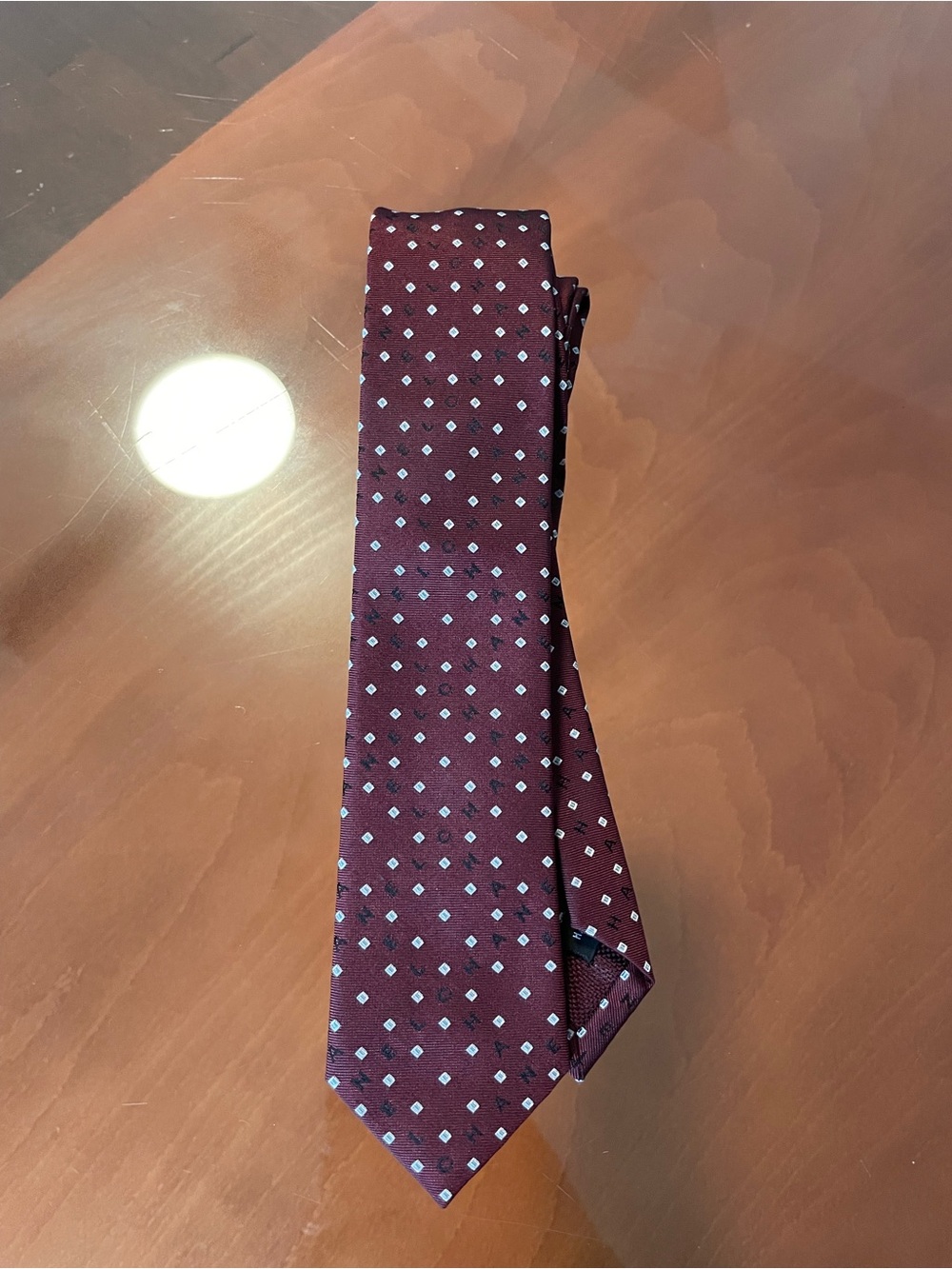 CHANEL Burgundy Tie with Small Square Dot Pattern